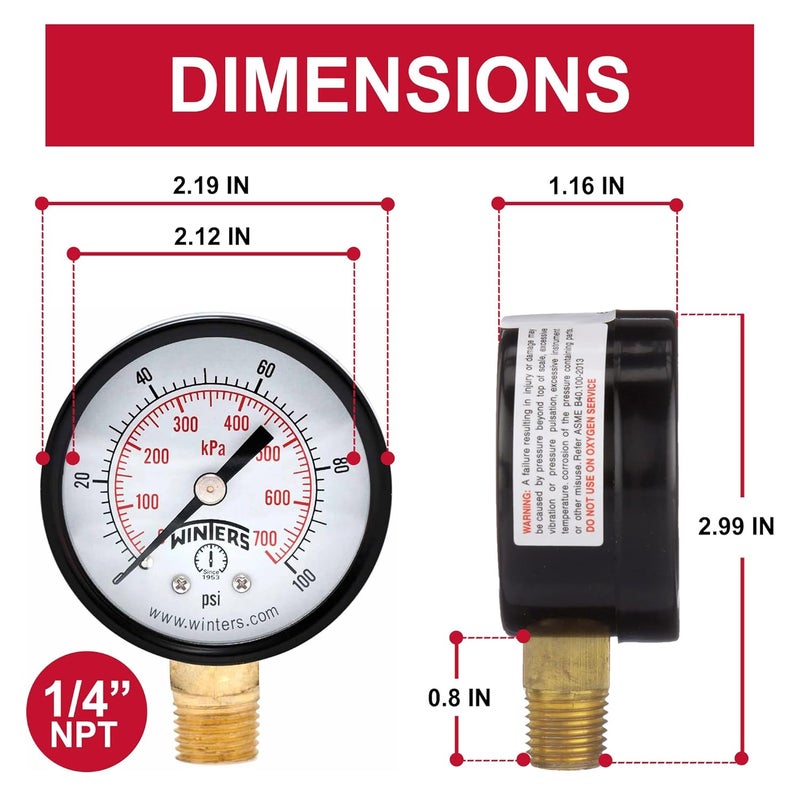 Winters Instruments Winters 2 inch Dial Size, Multi Function Economy Utility Dry Pressure Gauge, Brass Internals, Black Steel Case, Dual Scale 0-100 psi/kPa, 3-2-3% Accuracy, 1/4 inch NPT Bottom Mount, Pressure Gauge - Image 2